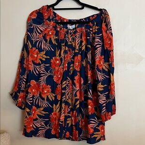 Tamsy Leaf Pattern Off Shoulder Women's Top Navy Coral NWT 3x